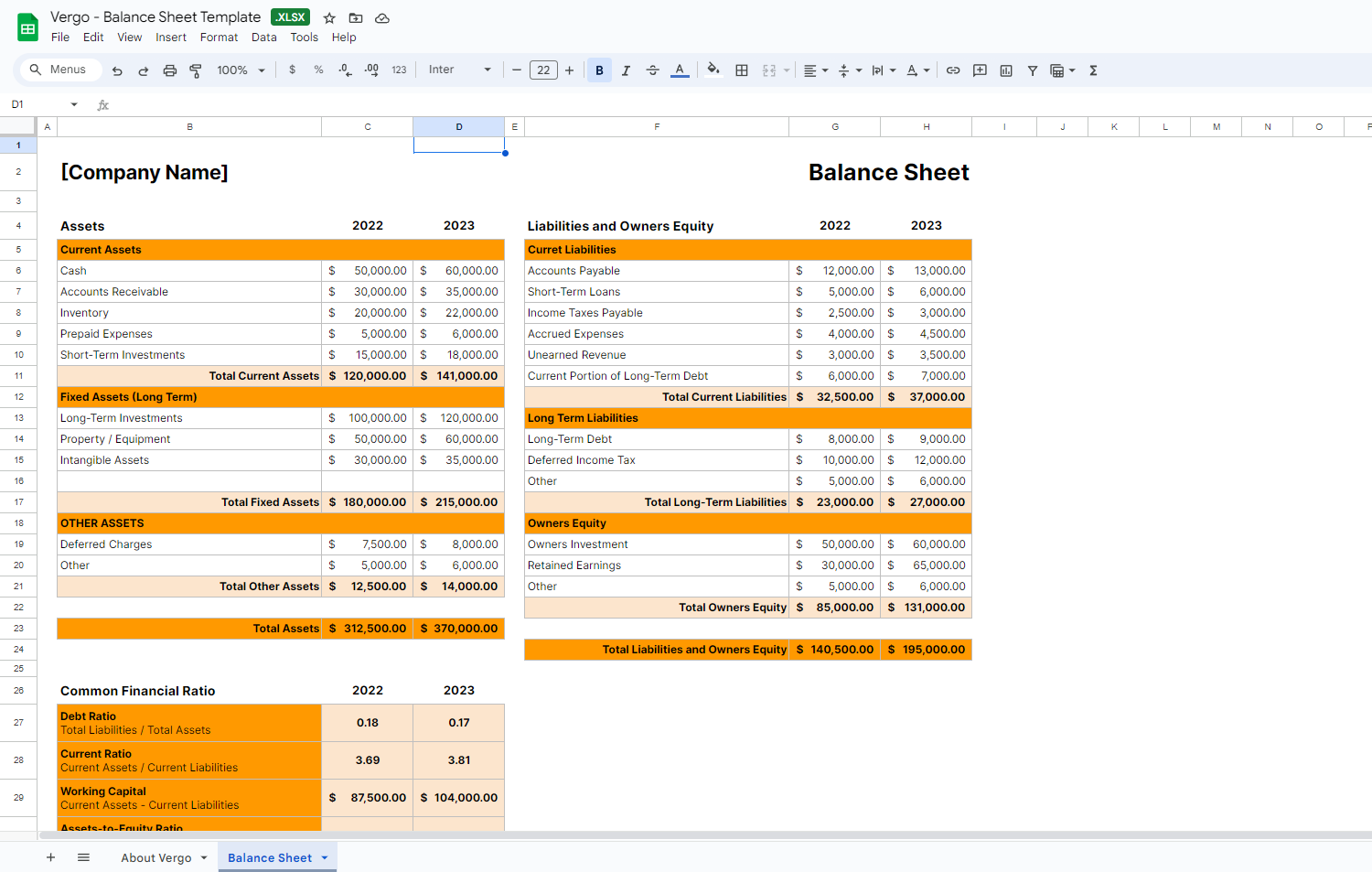 Vergo AI Free Construction Balance Sheet Template